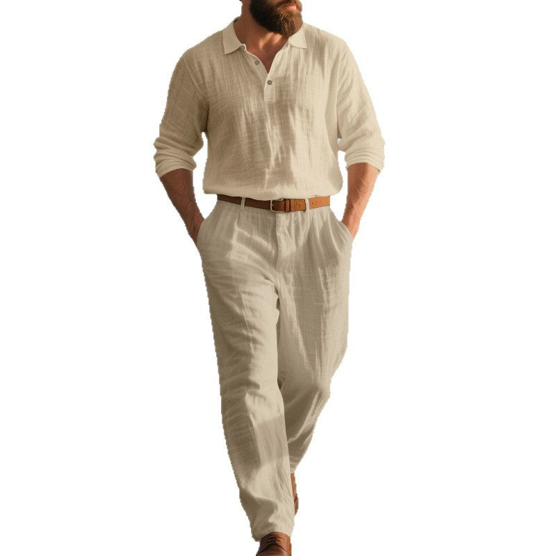 Men's Linen POLO Long-sleeved Trousers Casual Suit Solid Color Two-piece Set